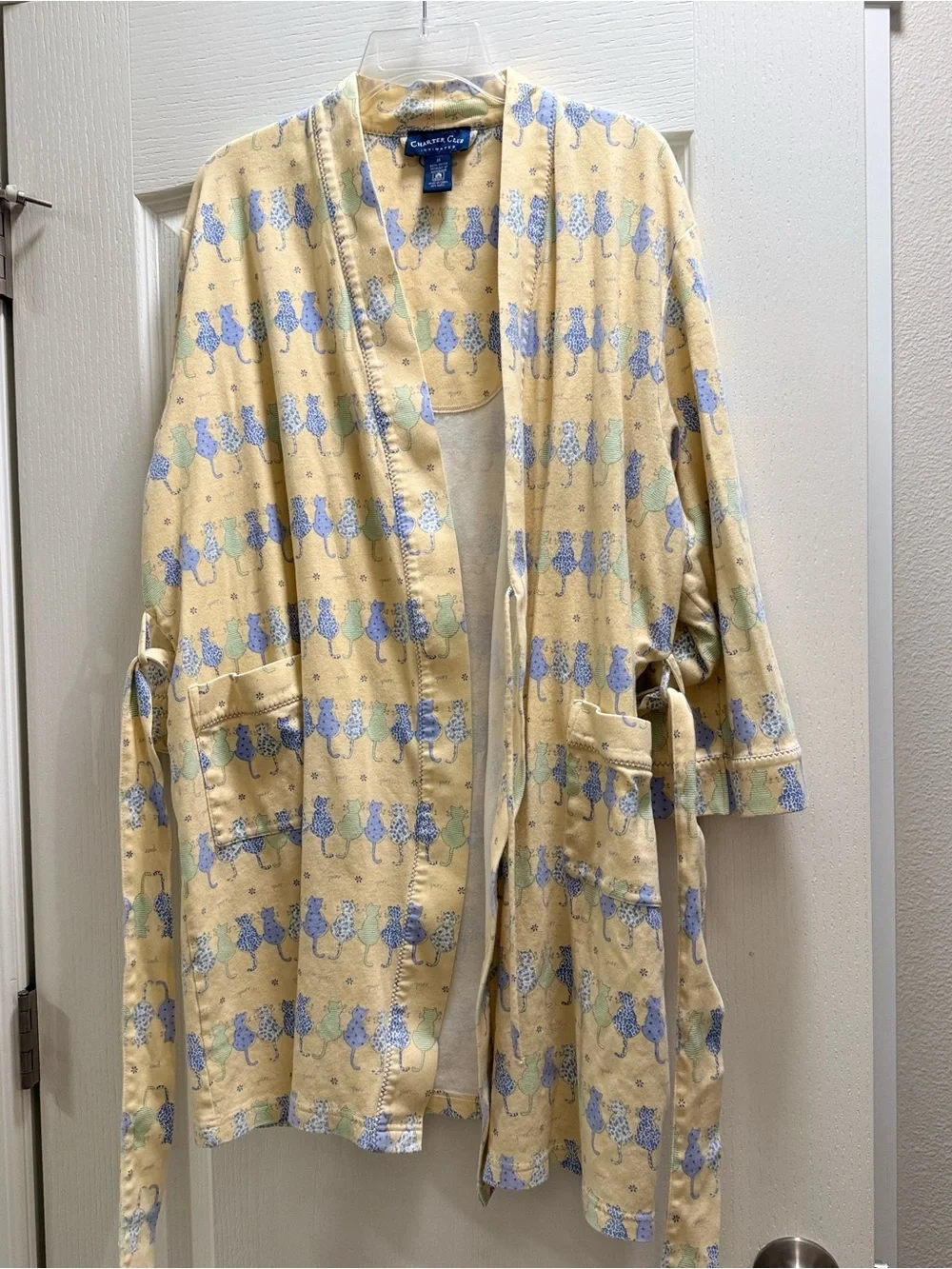 Charter Club Pale Yellow Cat-Print Cotton Robe